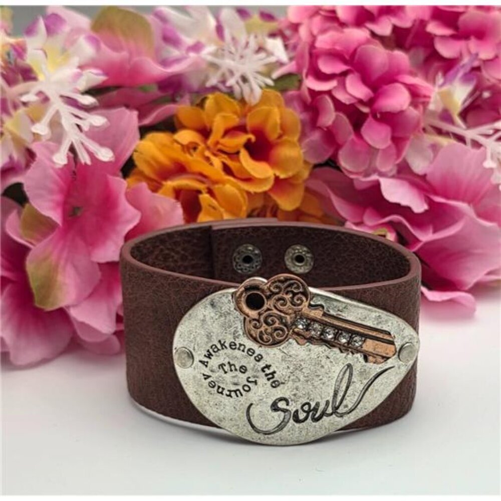 The Journey Style Inspirational Leather Cuff Bracelet Key Soul Quote Wide